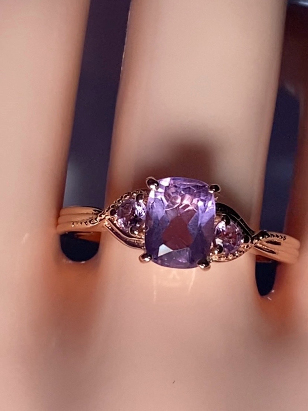 💜 Violet Veil Amethyst Trilogy Ring | Rose Gold Vintage Romance, Sz 10